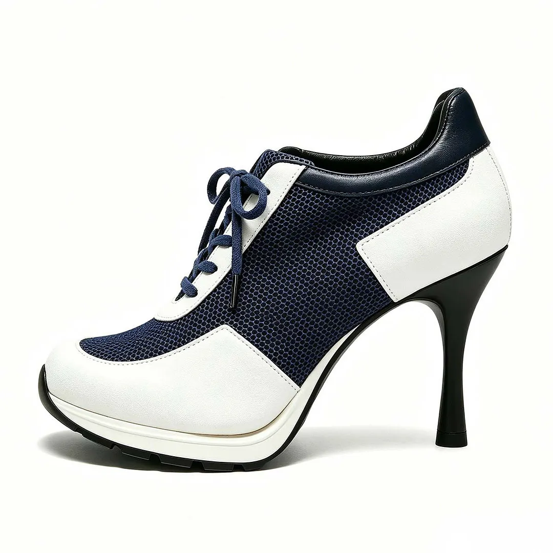 White and Navy Mesh Patchwork Sneaker Round Toe Lace Up Stiletto Shoes