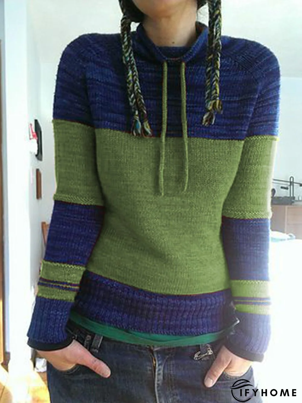 Women Color-Block Drawstring Necklline Vintage Winter Top | IFYHOME