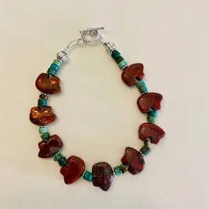 pornhint Pornhint Zuni Fetish Carved Animal Bear In Red Poppy Jasper and Turquoise Bracelet