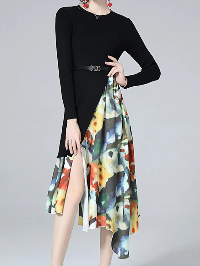 Elegant Black Stitching Irregular Knitted Dress