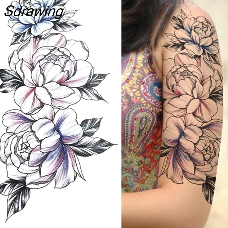 Sdrawing Fake Peony Temporary Tattoos For Women Girl Black Rose Elephant Flower Tattoo Sticker Tiger Anemone Tatoos Half Sleeve 1020-0