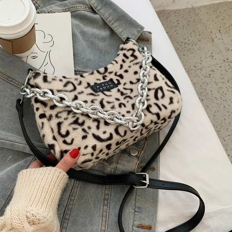 էѧӧܧ Small Leopard Soft Faux Fur Totes Bags With for Women 2021 Winter Simple Solid Color Fashion Luxury Handbags Purses