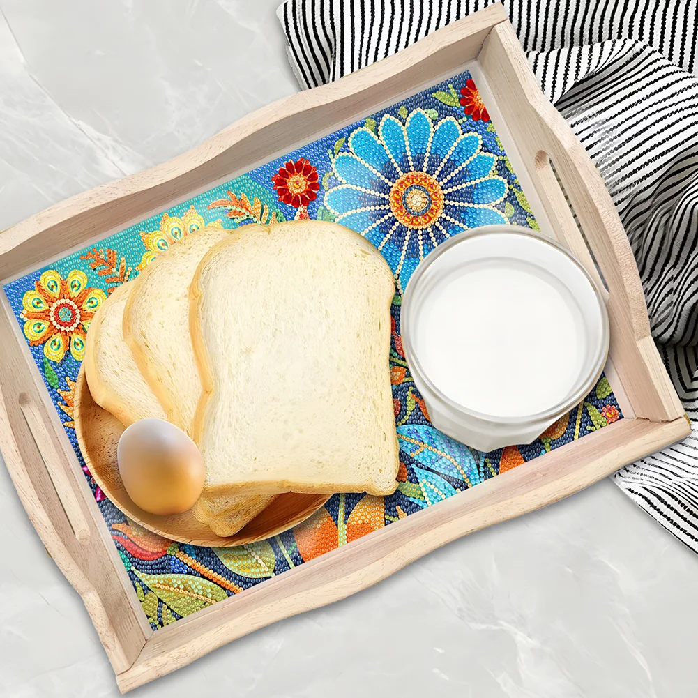 DIY Cartoon Flower Wooden Diamond Painting Serving Tray with Handle for Home Decor