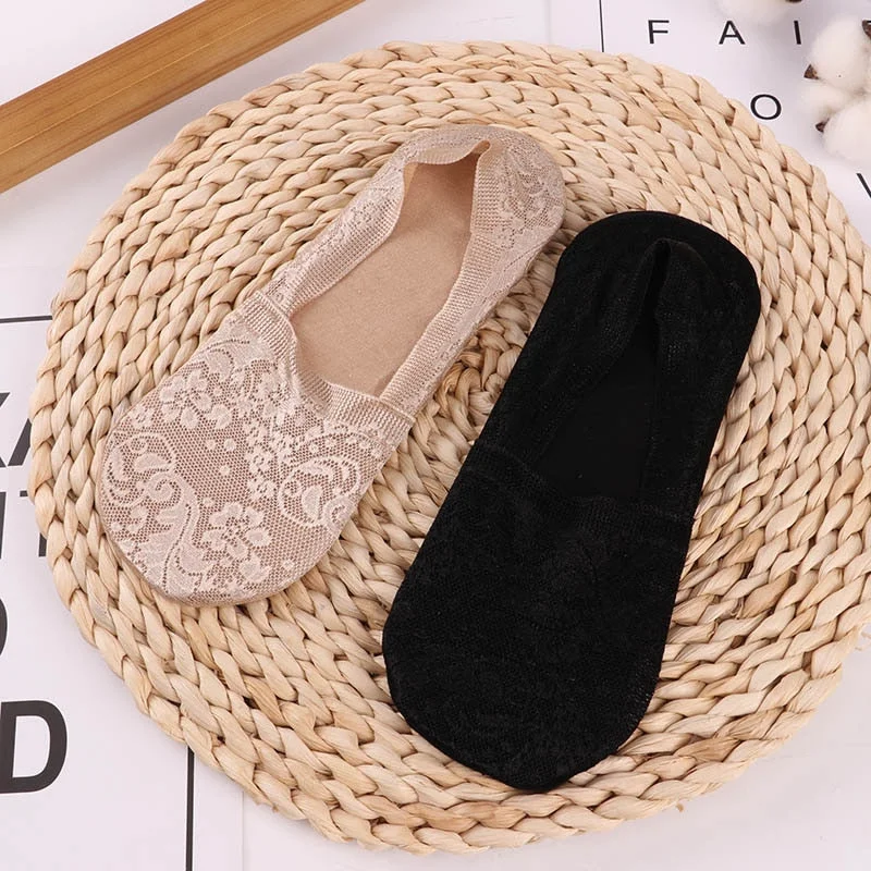 1/2 Pairs Fashion Women Girls Summer Socks Style Lace Flower No Show Short Sock Antiskid Invisible Ankle 2021 Sox Sock Slippers