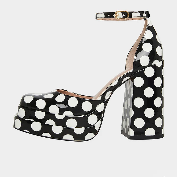 Classic Polka Dot Platform Mary Jane Chunky Heel Pumps Vdcoo