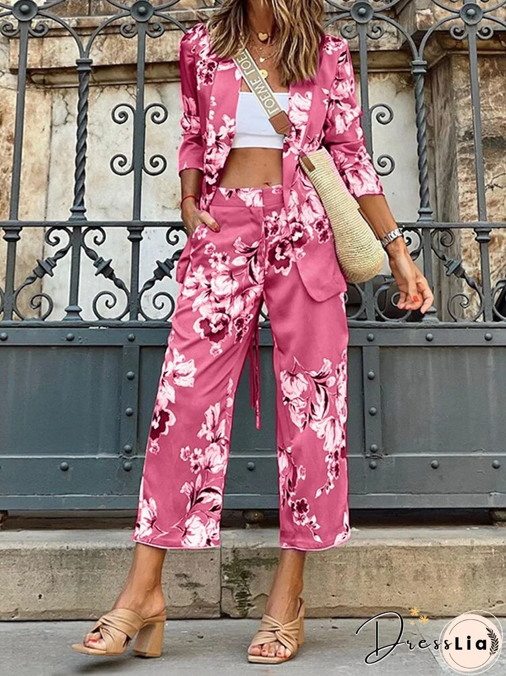 Spring Fall Women Long Sleeve Lapel Cardigan Coat And Straight Pants Set Fashion Printed Suit 2 Piece Casual Loose Office Suits