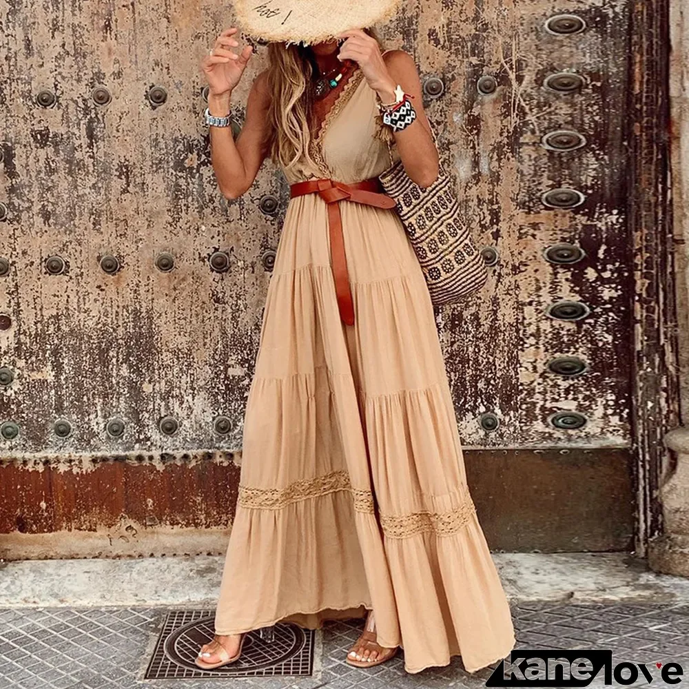 V Neck Vintage Sleeveless Boho Party Casual Dress