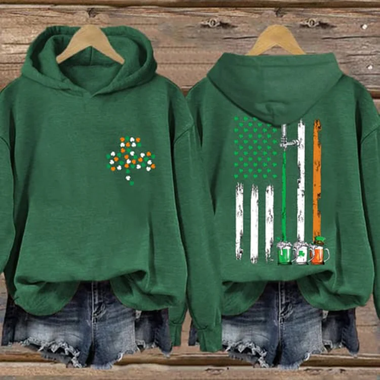 VChics St. Patrick's Shamrock Flag Printed Casual Hoodie