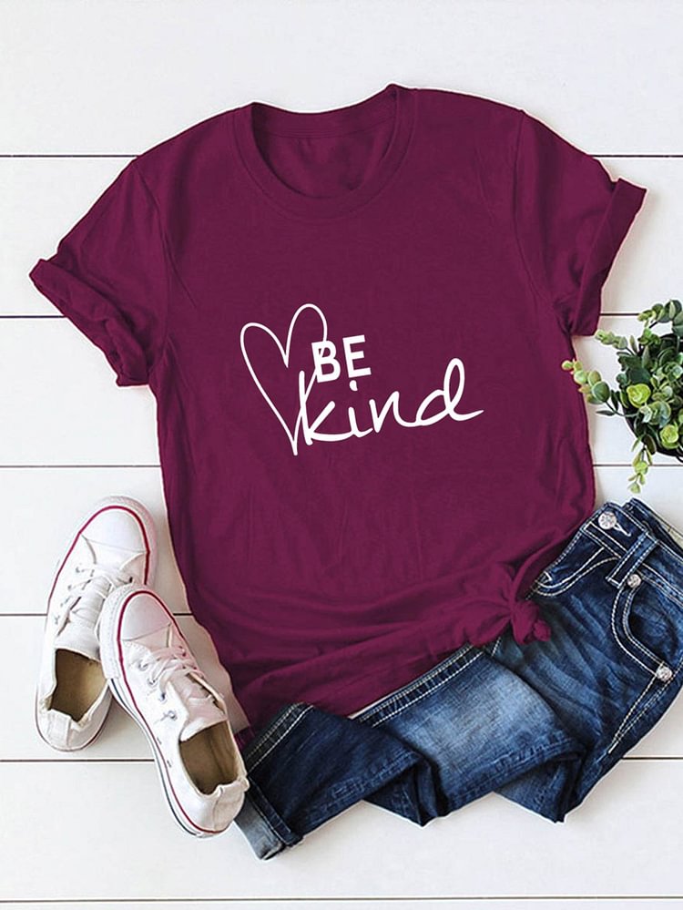 Bestdealfriday Be Kind Heart Print Round Neck Cotton Loose Women's T-Shirt