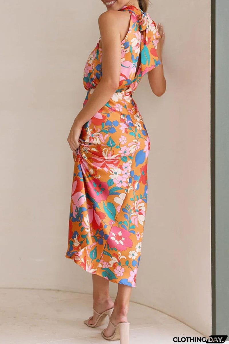 Celebrities Elegant Print Patchwork Asymmetrical Collar One Step Skirt Dresses