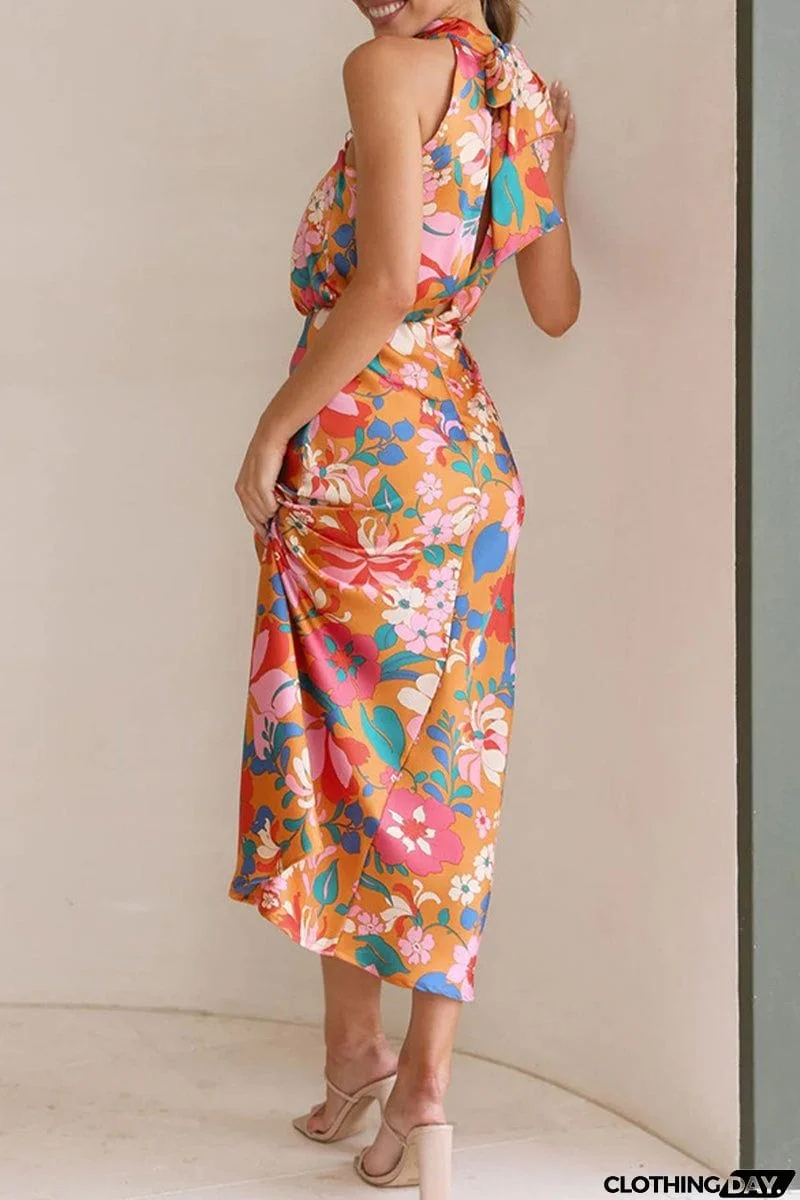 Celebrities Elegant Print Patchwork Asymmetrical Collar One Step Skirt Dresses