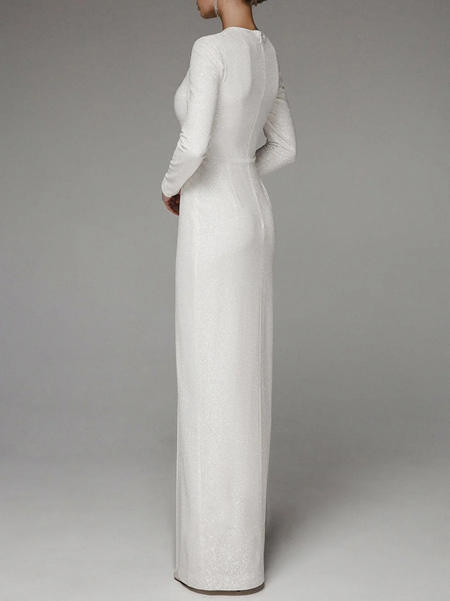 Shiny long-sleeved high-slit maxi dress