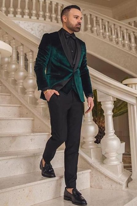 Newest Three Pieces Dark Green Velvet Shawl Lapel Wedding Groom Suits | Ballbellas Ballbellas