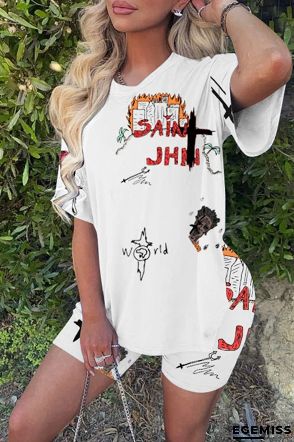 White Fashion Casual Print Basic O Neck Short Sleeve Two Pieces | EGEMISS