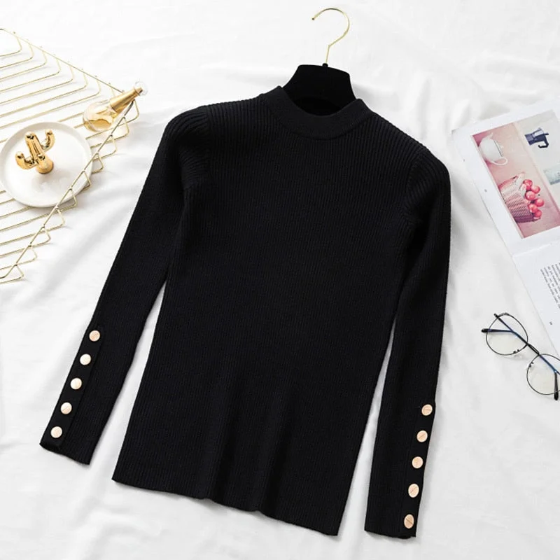 casual autumn winter women thick sweater pullovers long sleeve button o-neck chic Sweater Female Slim knit top soft jumper tops