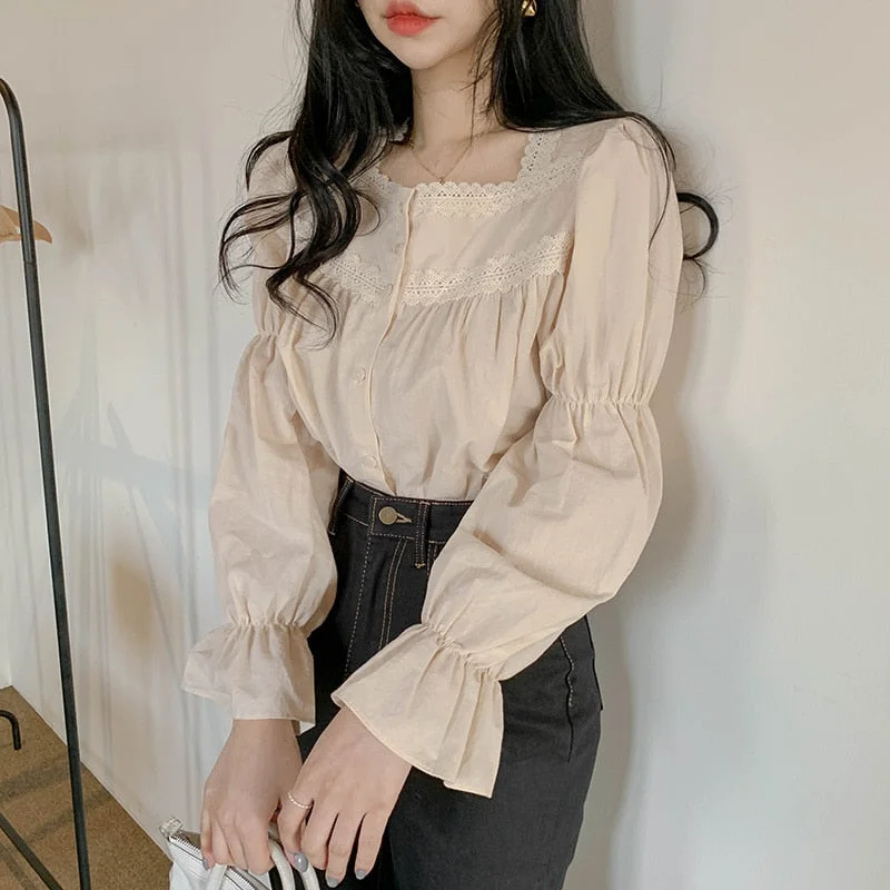 Beige Lace Blouse Vintage Square Collar Women Long Puff Sleeve Shirt Solid Cardigan Sweet Shirt Blusas Clothes Women Tops  11200