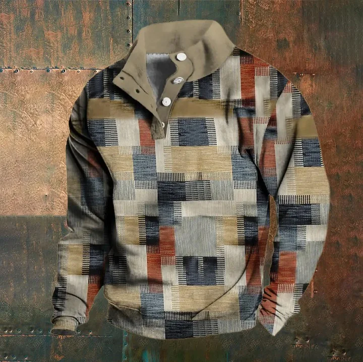 Comstylish Men's Western Vintage Jacquard Print Stand Collar Button-Up Sweatshirt