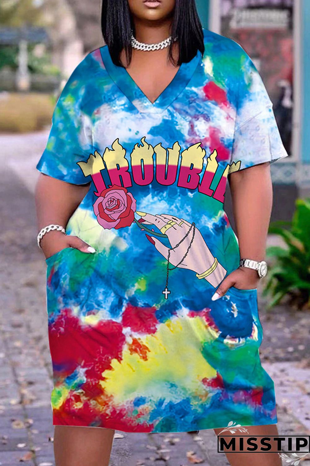 Yellow Casual Print Patchwork V Neck Short Sleeve Dress