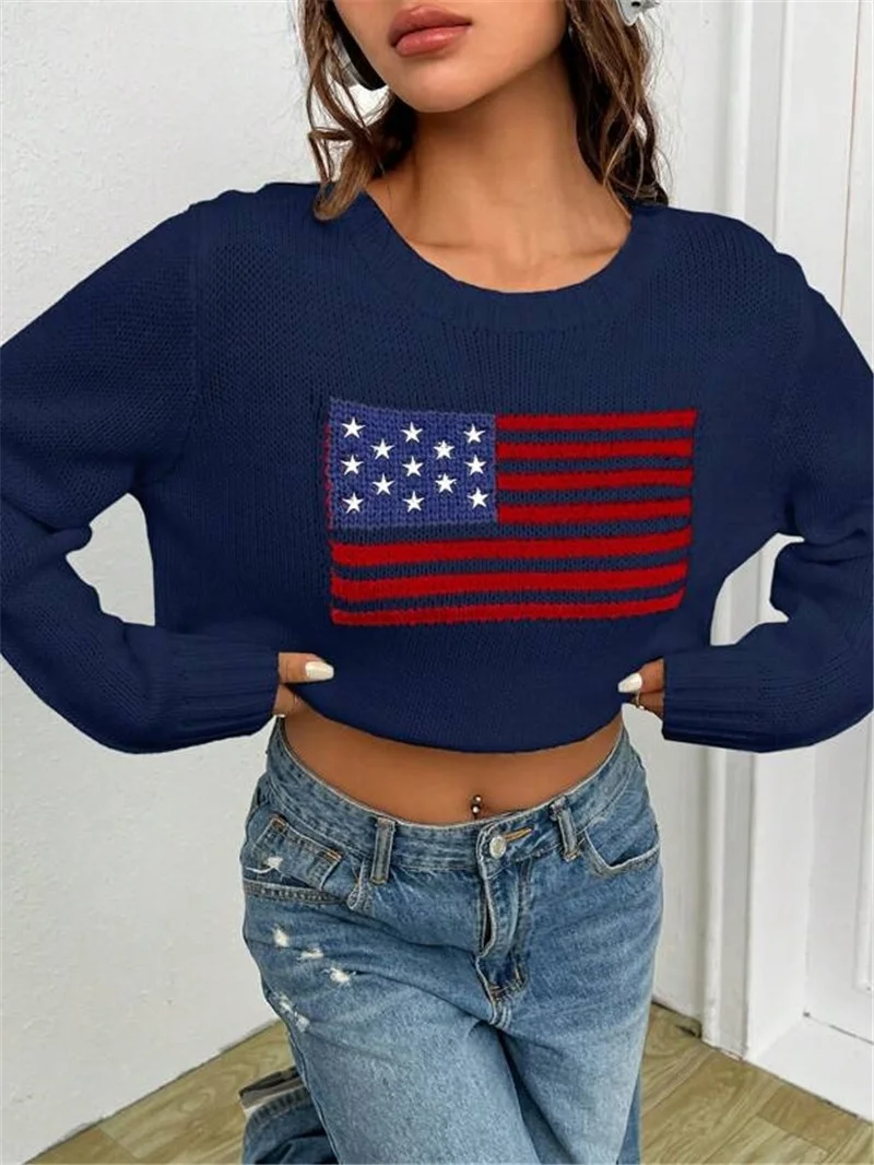 Athvotar Athvotar And Winter New Loose Round Neck Flag Pattern Simple Knitted Sweater
