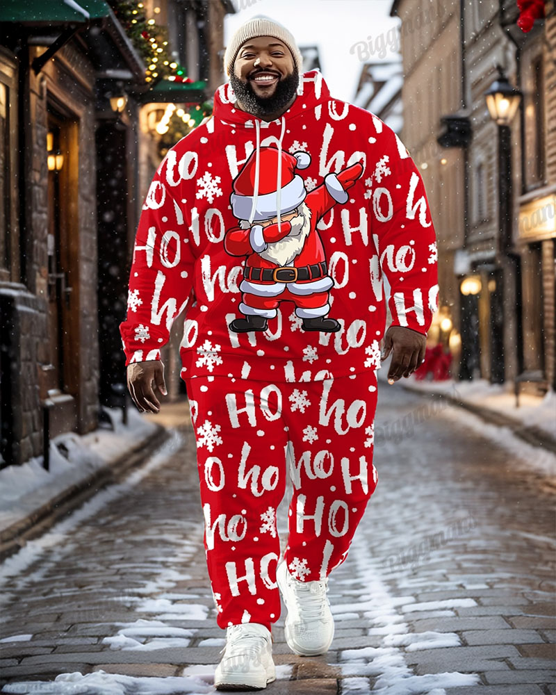 Men's Christmas Red Cartoon Alphabet Print Plus Size Hoodie Suit
