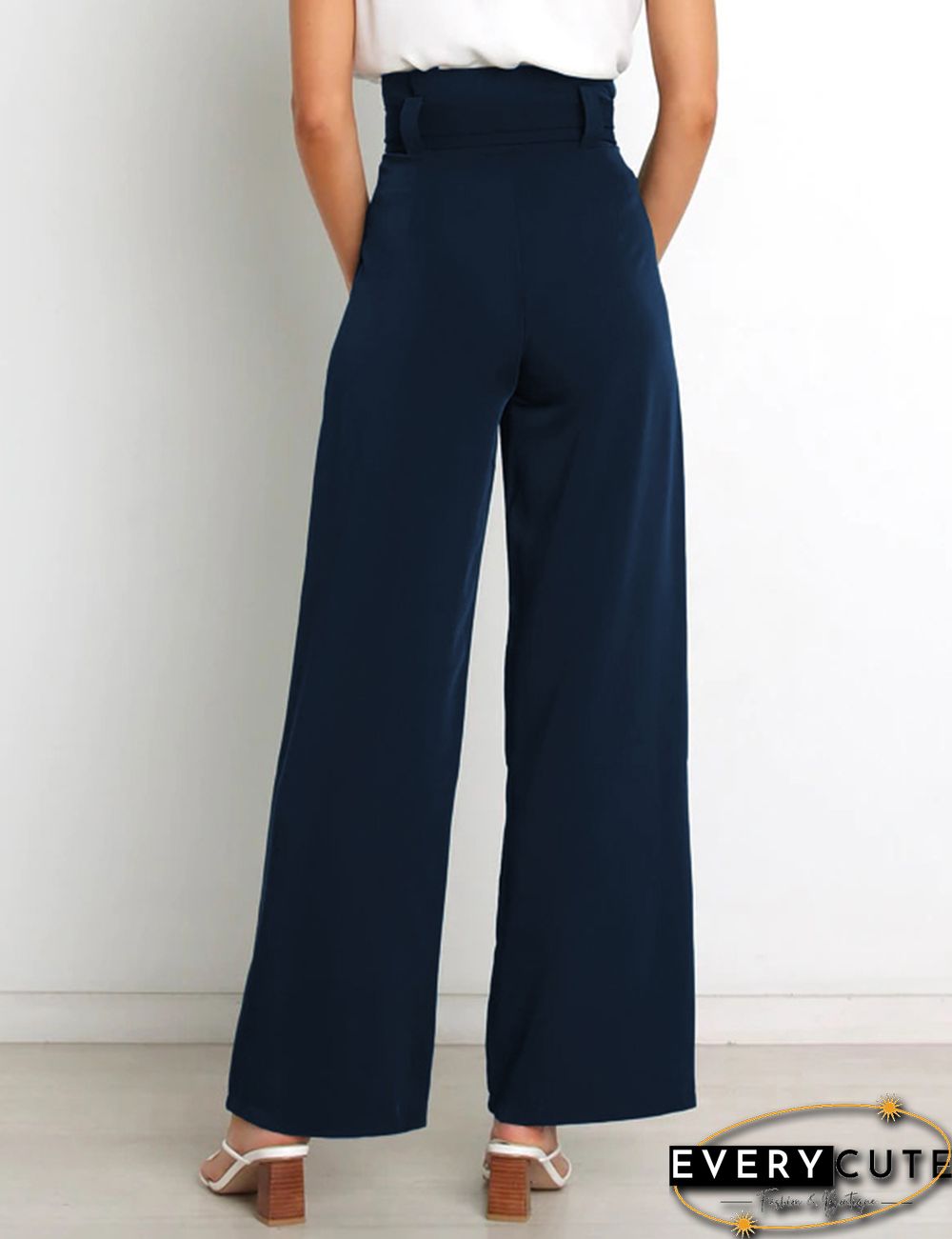 Navy Blue Wide Leg High Waist Pocket Pants with Belt