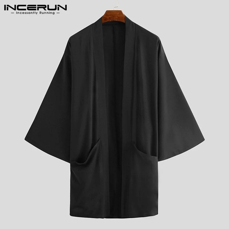 2021 Men Cardigan Open Stitch Loose Long Sleeve Streetwear Jackets Retro Punk Solid Color Long Coats Mens Cloak Capes INCERUN