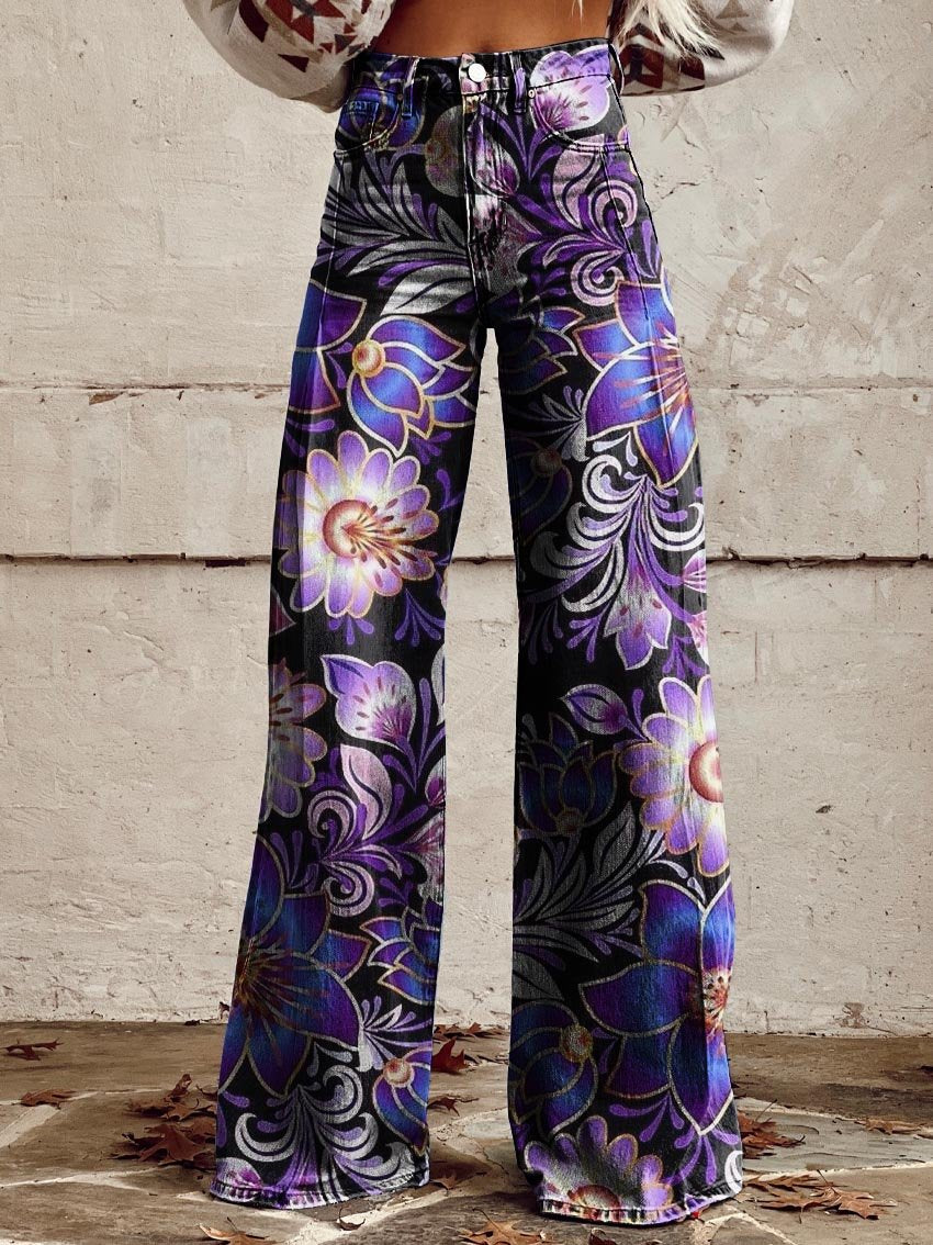 Women's Purple Complex Flowers Print Casual Wide Leg Pants