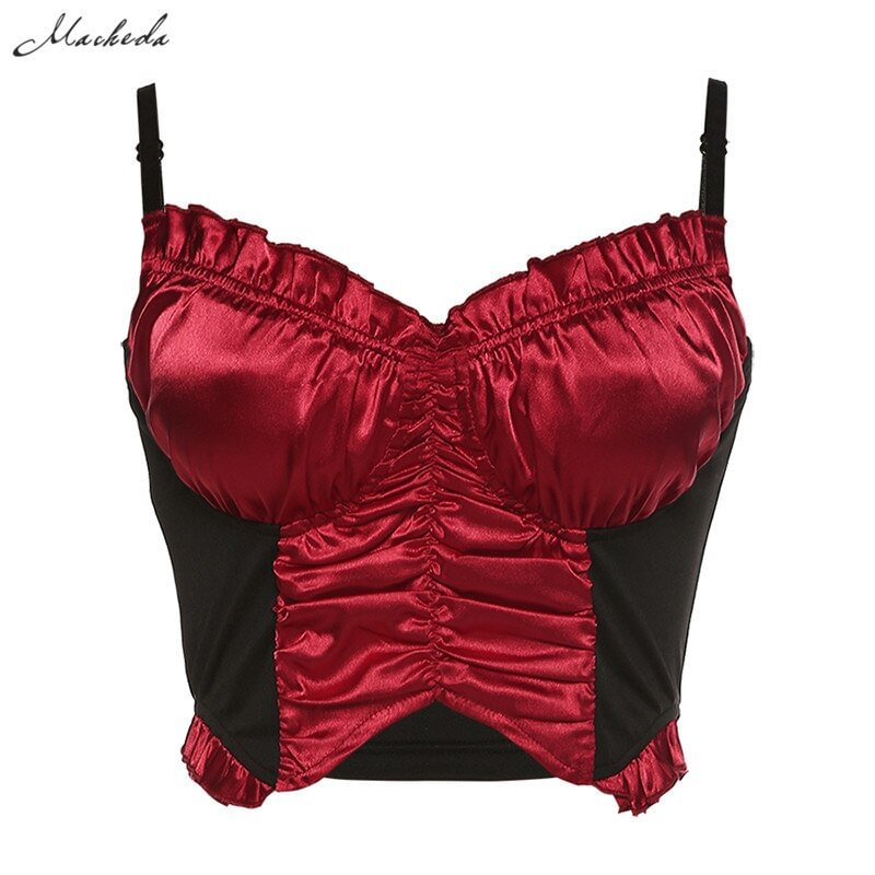 Macheda Women Fashion Patchwork Colour Camisole Summer Strapless Pleated Crop Tops Casual Streetwear Lady Basic Top 2020 New