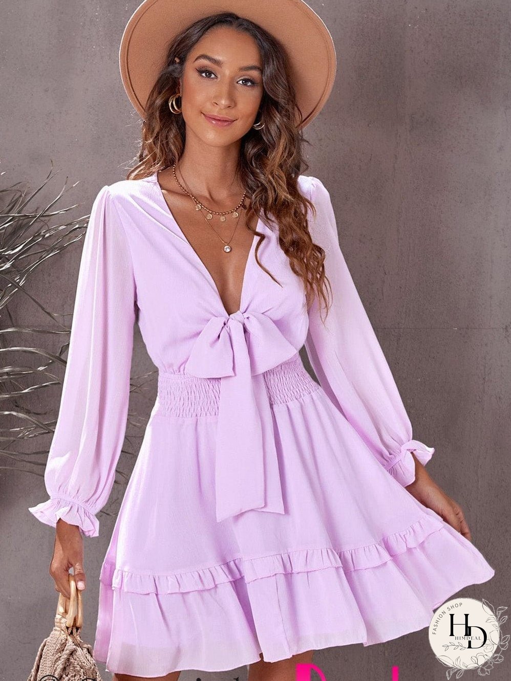 Lantern Sleeve Knotted Tiered Mini Dress with Deep V Neck