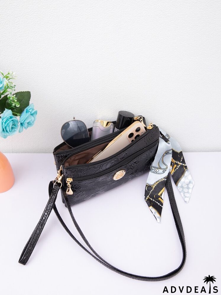 Embossed Detail Twilly Scarf Decor Crossbody Bag