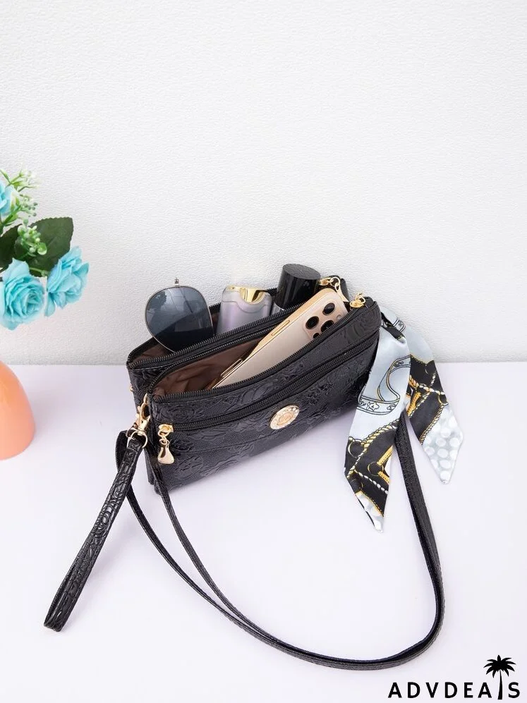 Embossed Detail Twilly Scarf Decor Crossbody Bag
