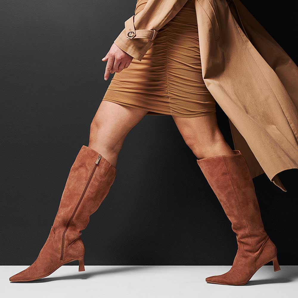 Beige Faux Suede Closed Toe Knee Kitten Heel Fall Boots for Women Nicepairs
