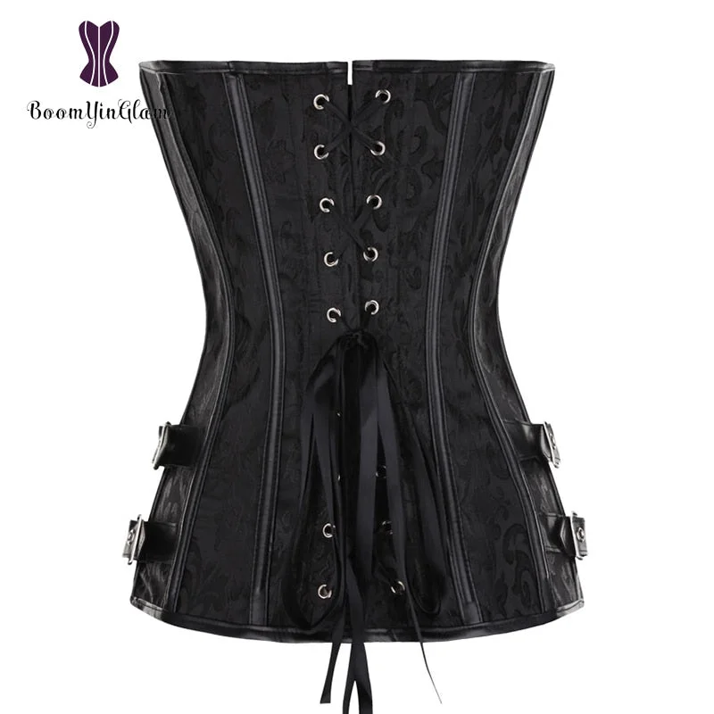 Locking Closure Steam Punk Style Women Waist Shapewear Overbust Corset Bustier With G String Black Brown 916#
