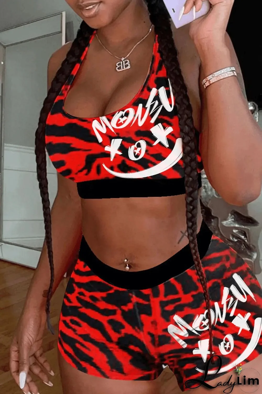 Red Fashion Casual Sportswear Print Basic U Neck Sleeveless Two Pieces