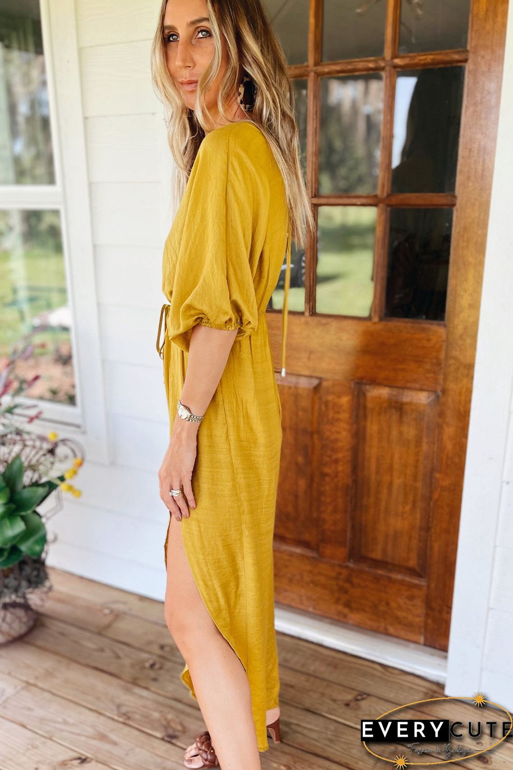 Yellow Surplice V Neck Half Sleeves Slit Leg Jumpsuit