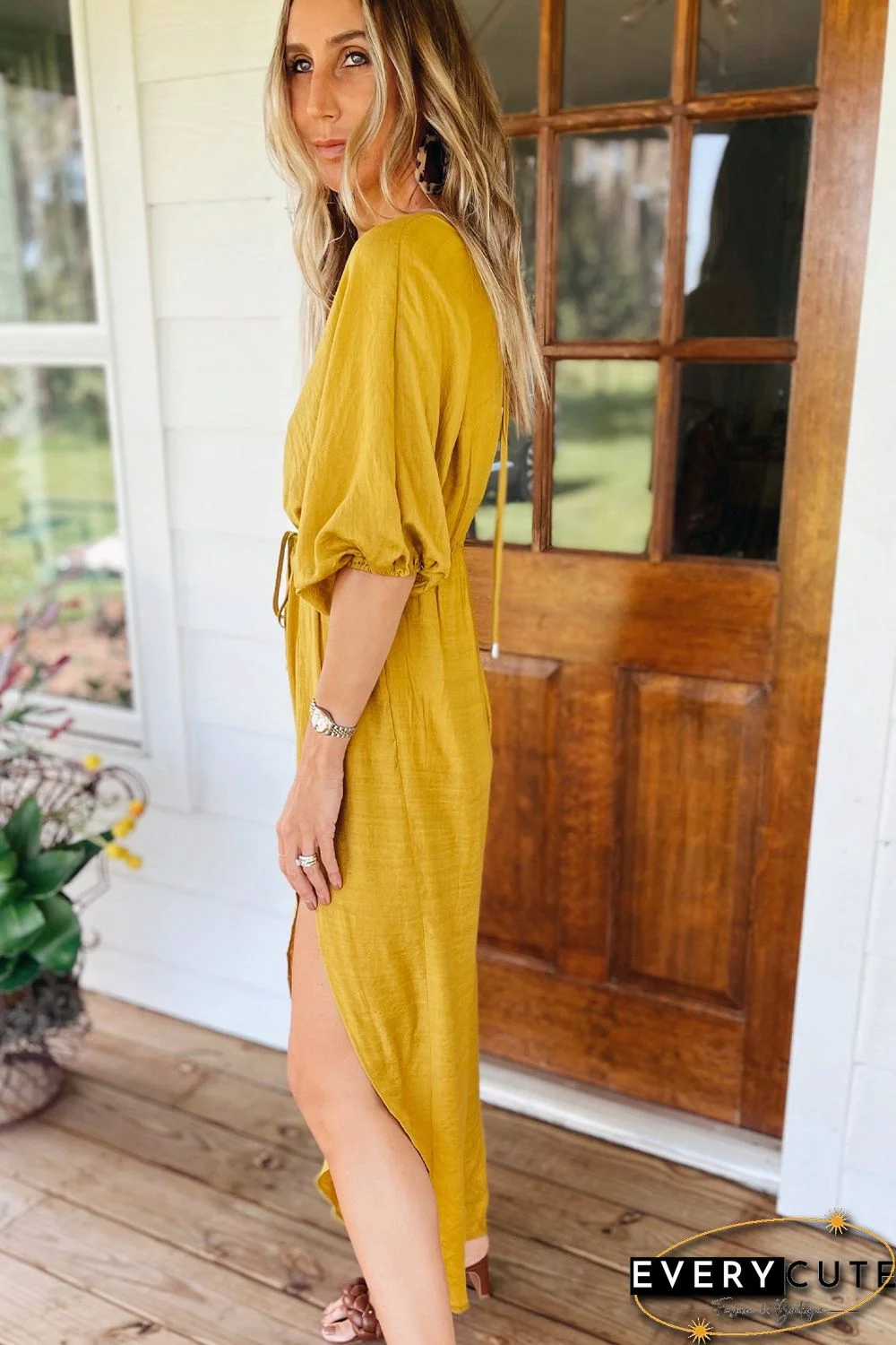 Yellow Surplice V Neck Half Sleeves Slit Leg Jumpsuit