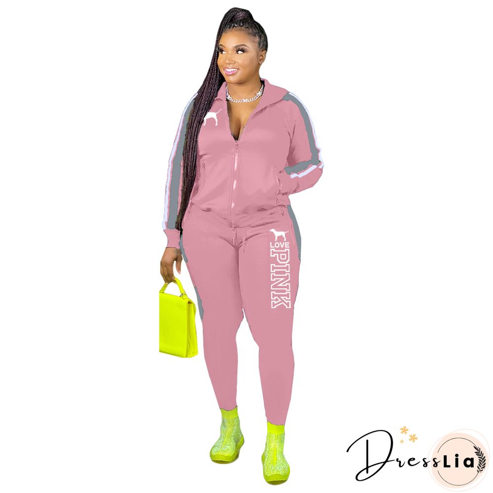 Plus Size Zipper Jacket Tops Sporty Pants Two Piece Set