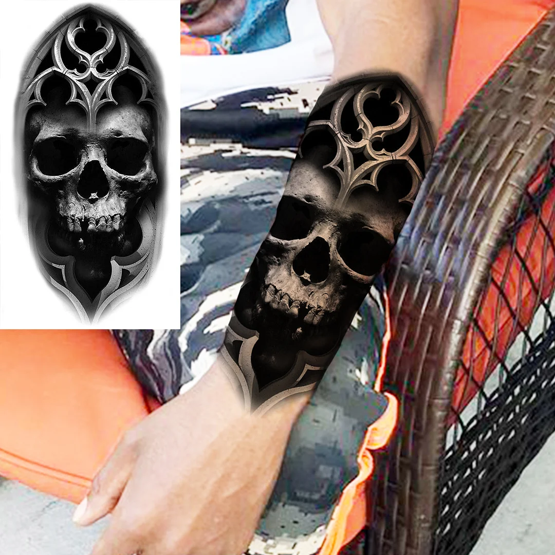 Sdrawing Skull Halloween Skeleton Temporary Tattoo For Men Adults Realistic Lion Tiger Wolf Scary Fake Tattoo Sticker Forearm Tatoo
