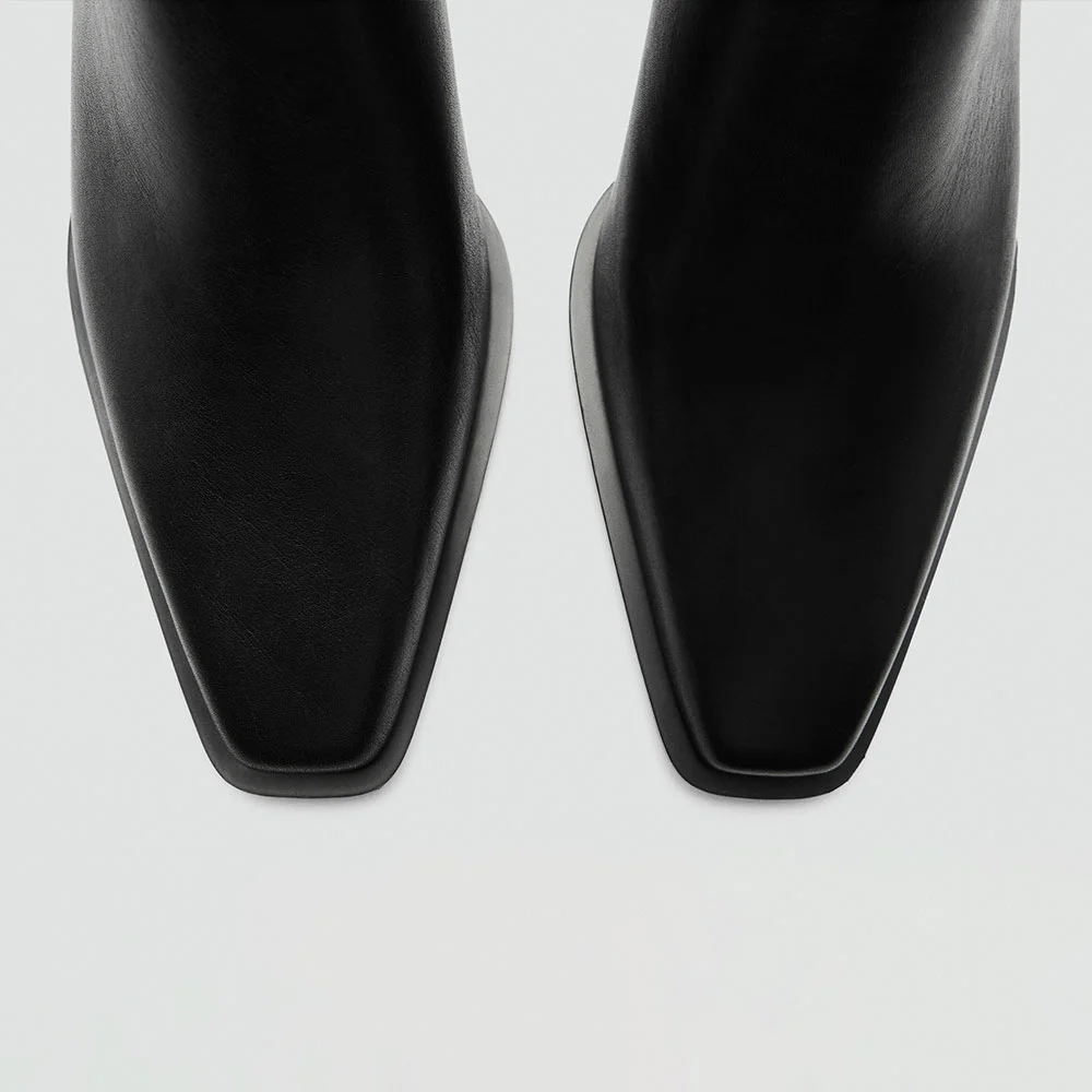 Black Square Toe Chunky Heel Side Zipper Short Boots for Women