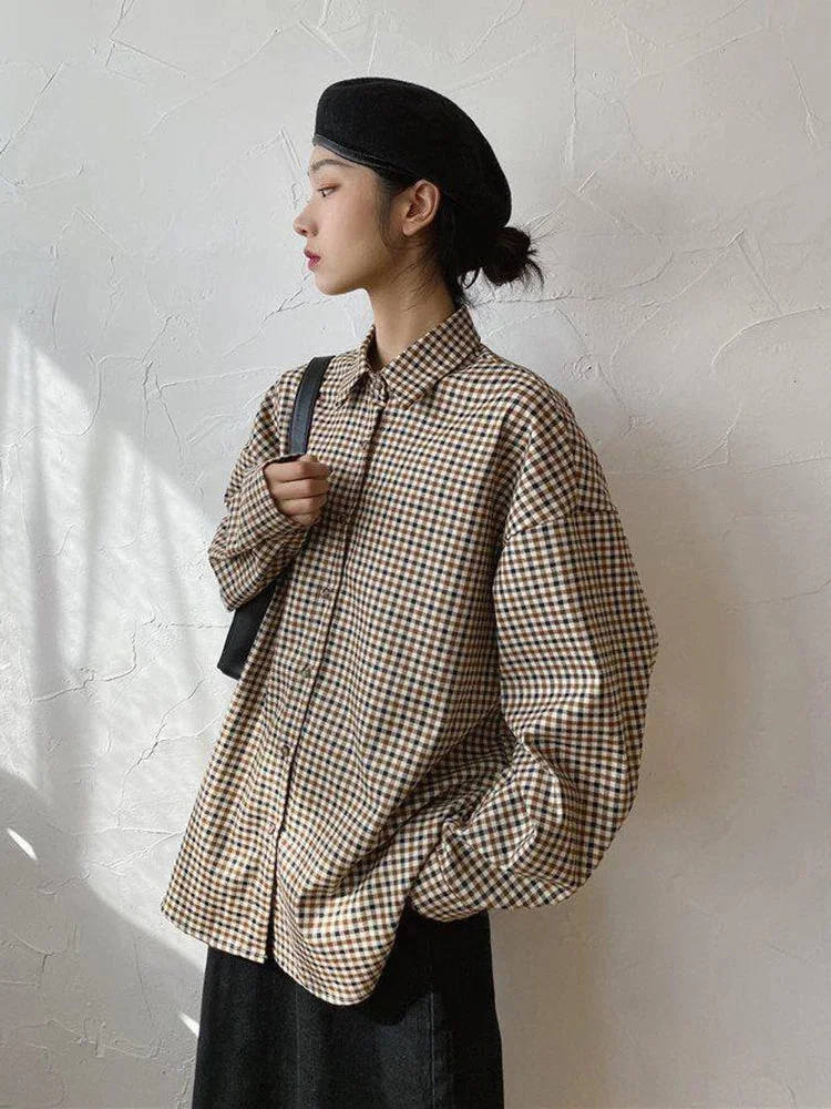 Oocharger Vintage Plaid Shirt Women Elegant Preppy Style Simple Blouse Korean Loose Long Sleeve Sweet Female Retro Harajuku Tops New