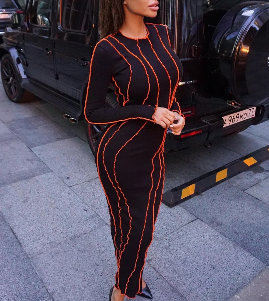 Huibahe Round Neck Irregular Pleated Lace Ruffle Solid Color Midi Dress Fashion Ribbed Bodycon Long Dress Autumn Spring Streetwear