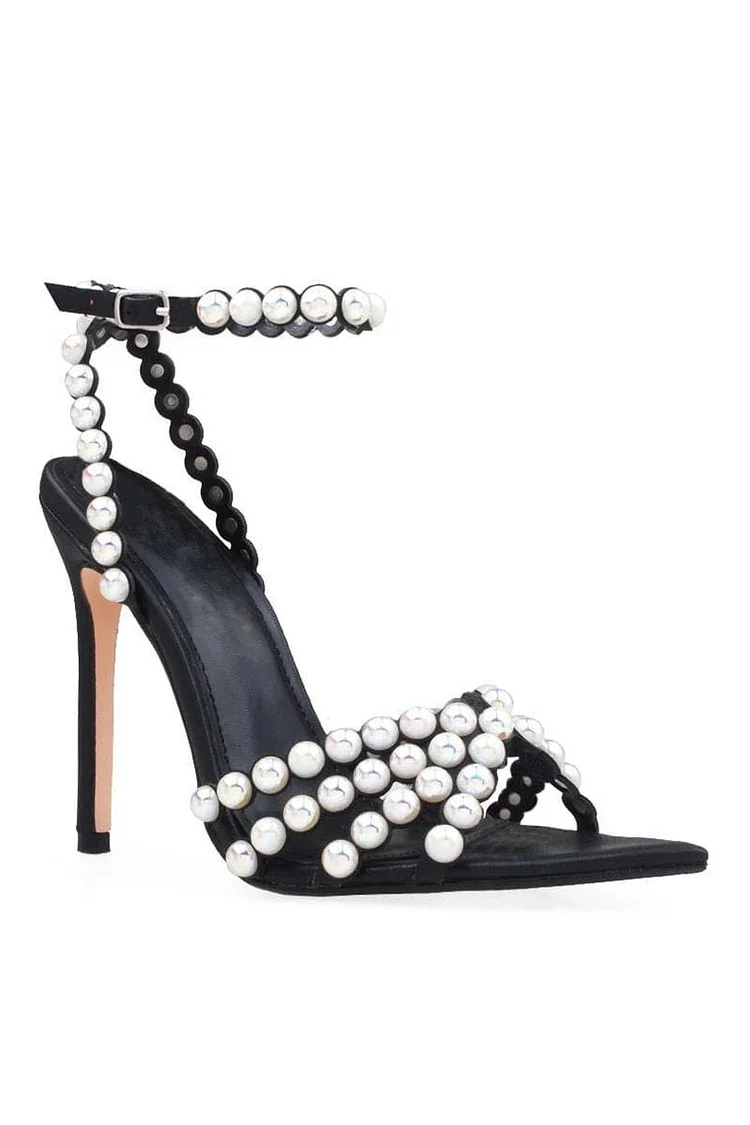 Pearlescent Beads Pointed Ankle Strap High Heel Sandals