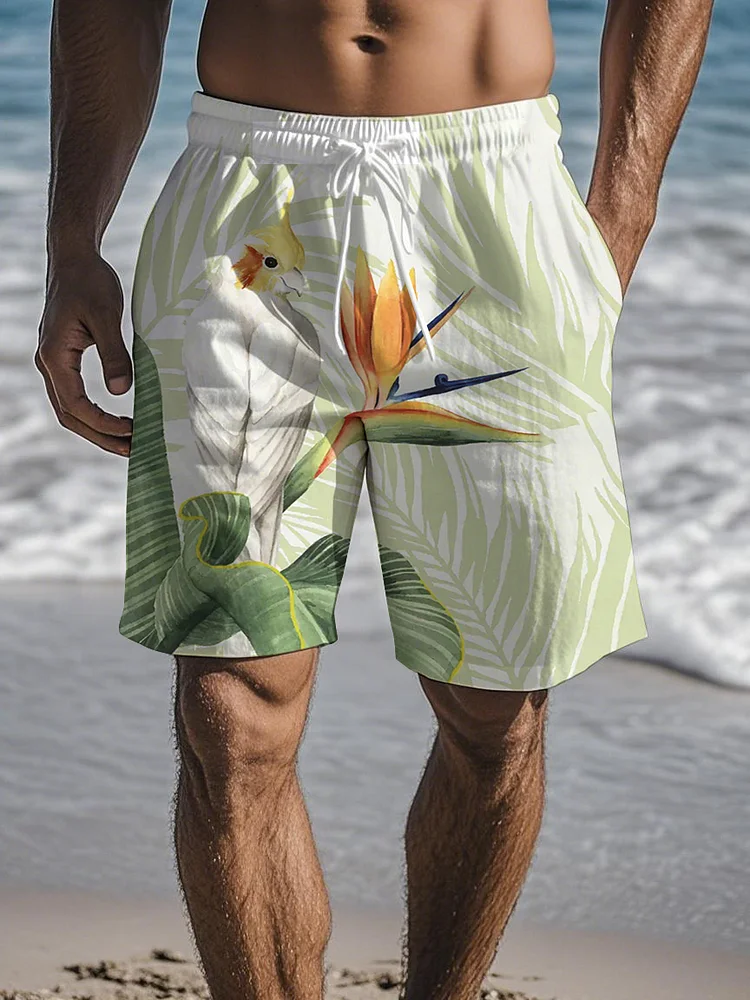 Men's Tropical Plants Parrot Art Print Vacation Shorts