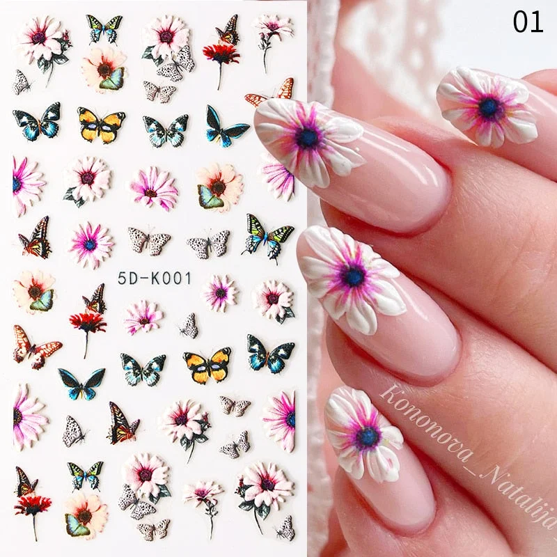 1PC French 5D Nail Sticker Embossed Flower Bubble Pattern Self-Adhesive Slider Wedding Design Nails Decals Nail Art Decoration-Nail Inspo