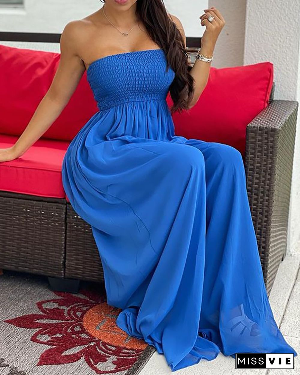 Shirring Detail Wide Leg Casual Jumpsuit