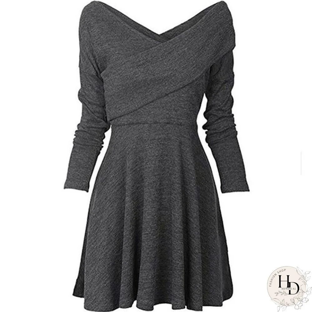 Women's Fashion Long Sleeve Knitted Sweater Pullover Swing Solid Slim Fit Wrap Midi Dress