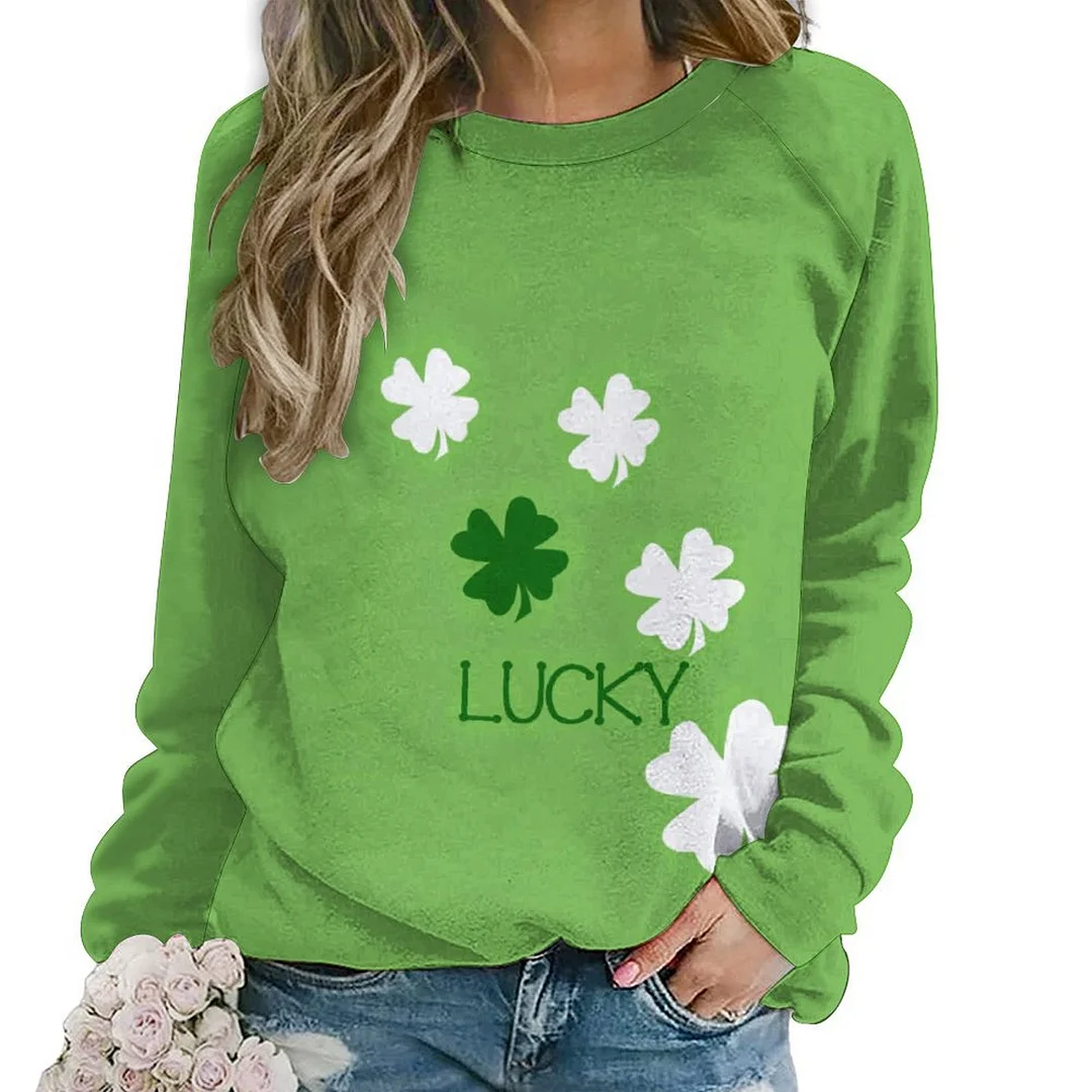 Printed Long Sleeve Casual Sweatshirt for  Women and Men Unisex Pattern St. Patrick's Day, Green, Clover, Lucky