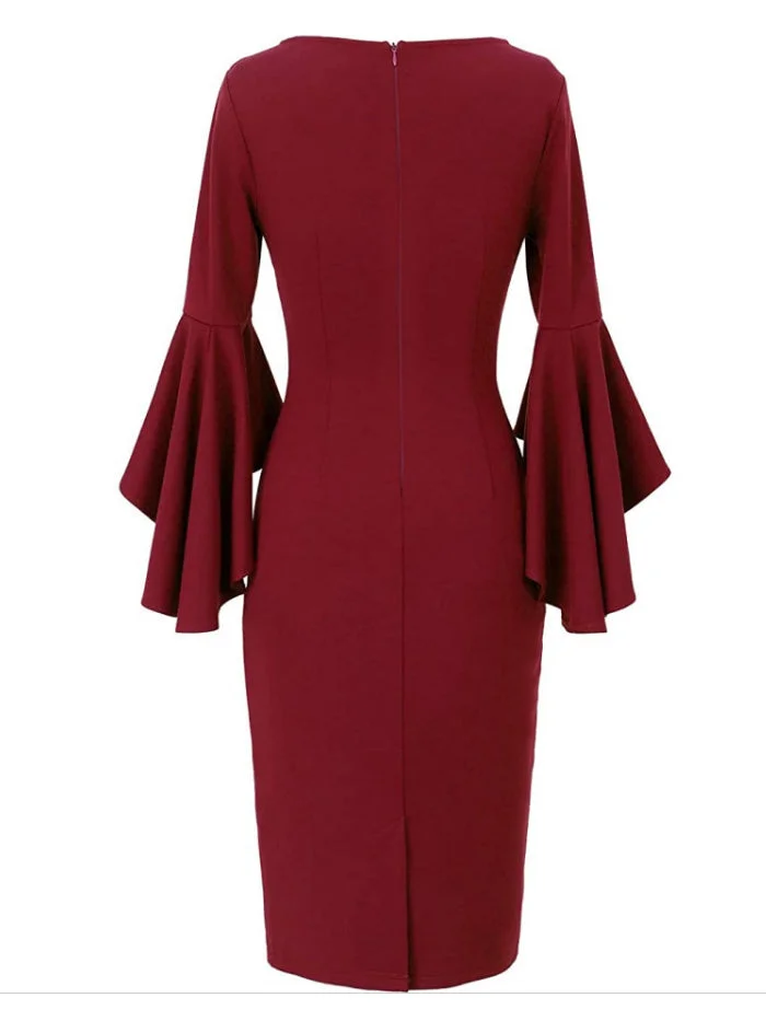 Round Neck Ruffle Sleeve Solid Color Dress