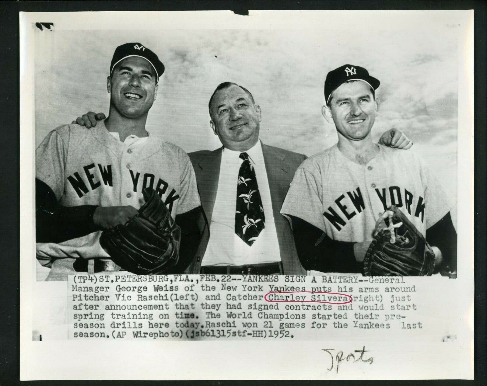 Charlie Silvera Vic Raschi George Weiss 1952 Press Photo Poster painting New York Yankees