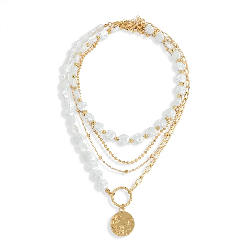 Dvacaman Vintage Multi Layered Women's Necklace Pearl Round Portrait Gold Chain Necklace Bohemian Pendant Necklaces 2021 Jewelry
